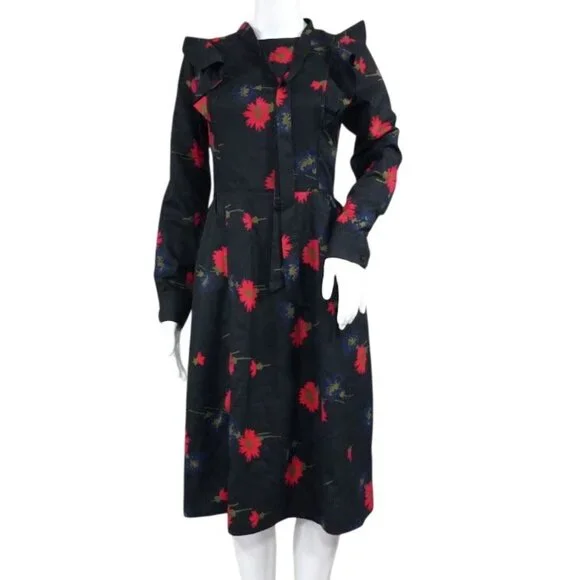 Weekend Black Floral Whimsy Goth Floral Twee Long Sleeve Dress S With Ruffle - Picture 3 of 13